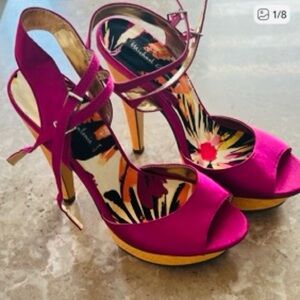 MICHAEL ANTONIO Italy Sandals Pink! Linen Like Tan 5” Heel NEW Sz 7